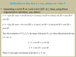 Reflection in the line y = mx, where m = tan θ
• Expanding (2 – ) and (2 – ). Now, using these
𝑐𝑜𝑠 𝜃 𝛼 𝑠𝑠𝑖𝑛 𝜃 𝛼
trigonometric identities, you obtain:
 