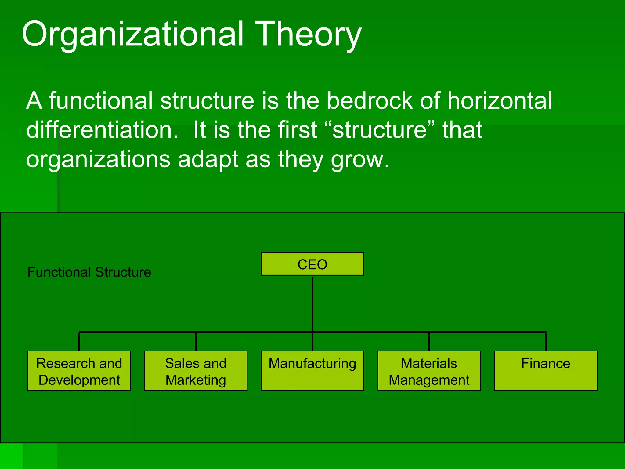 Organizational Theory A functional structure is the bedrock of horizontal differentiation.  It is the first “structure” that organizations adapt as they grow. Functional Structure Research and Development Sales and Marketing Manufacturing Materials Management Finance CEO 