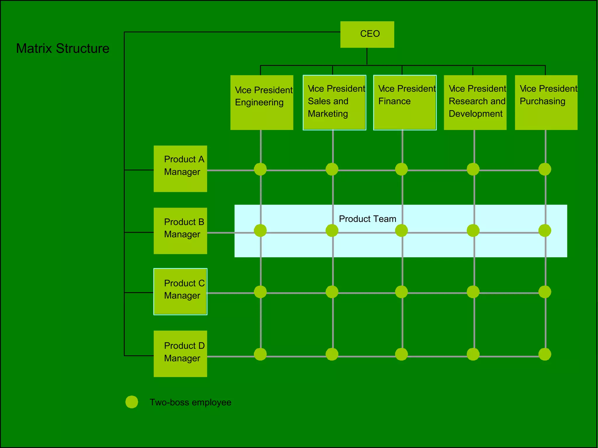 Matrix Structure CEO V ice President Engineering V ice President Finance V ice President Purchasing V ice President Sales and Marketing V ice President Research and Development Product A Manager Product B Manager Product C Manager Product D Manager Product Team Two-boss employee 