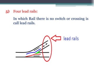 5) Four lead rails:
In which Rail there is no switch or crossing is
call lead rails.
 