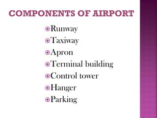 Runway
Taxiway
Apron
Terminal building
Control tower
Hanger
Parking
 
