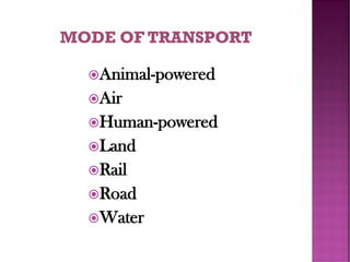 Animal-powered
Air
Human-powered
Land
Rail
Road
Water
 