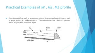 Practical Examples of M1, M2, M3 profile
 Obstructions to flow, such as weirs, dams, control structures and natural features, such
as bends, produce M1 backwater curves . These extend to several kilometers upstream
before merging with the normal depth.
 