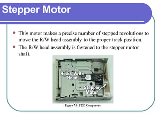 Stepper Motor This motor makes a precise number of stepped revolutions to move the R/W head assembly to the proper track position.  The R/W head assembly is fastened to the stepper motor shaft. 