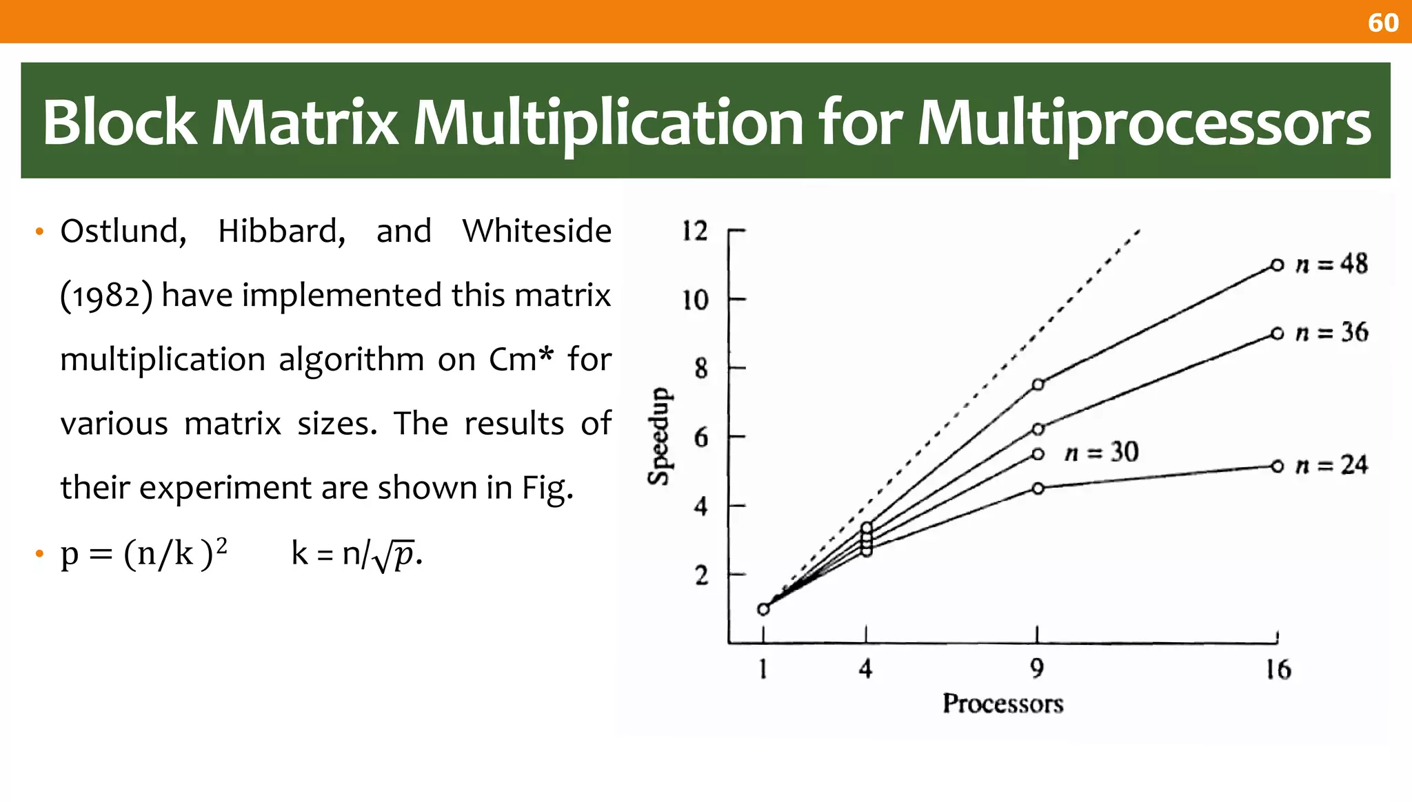 Block Matrix Multiplication for Multiprocessors
• Ostlund, Hibbard, and Whiteside
(1982) have implemented this matrix
multiplication algorithm on Cm* for
various matrix sizes. The results of
their experiment are shown in Fig.
• p = (n/k )2 k = n/ 𝑝.
60
 