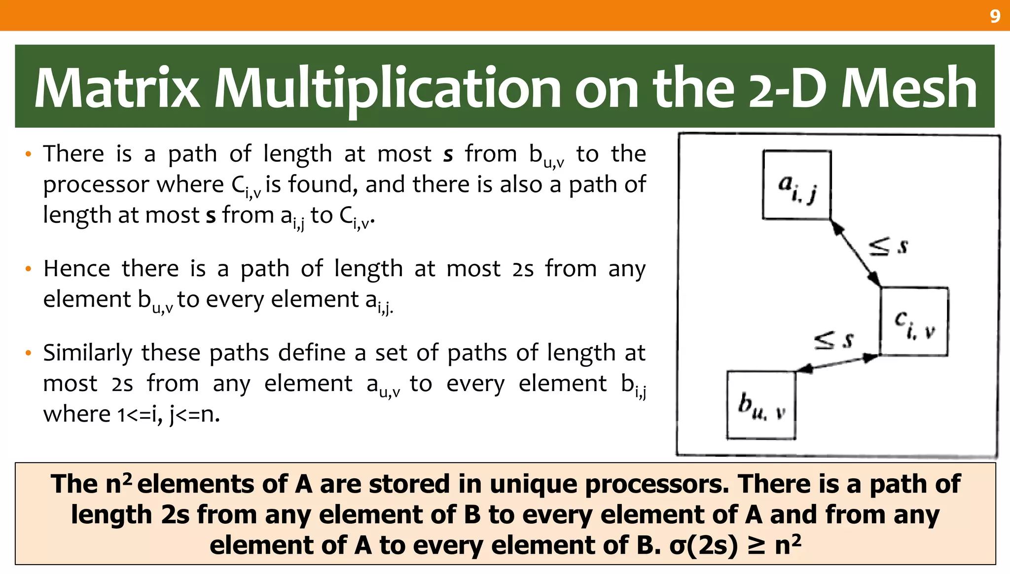 Matrix Multiplication on the 2-D Mesh
• There is a path of length at most s from bu,v to the
processor where Ci,v is found, and there is also a path of
length at most s from ai,j to Ci,v.
• Hence there is a path of length at most 2s from any
element bu,v to every element ai,j.
• Similarly these paths define a set of paths of length at
most 2s from any element au,v to every element bi,j
where 1<=i, j<=n.
The n2 elements of A are stored in unique processors. There is a path of
length 2s from any element of B to every element of A and from any
element of A to every element of B. σ(2s) ≥ n2
9
 