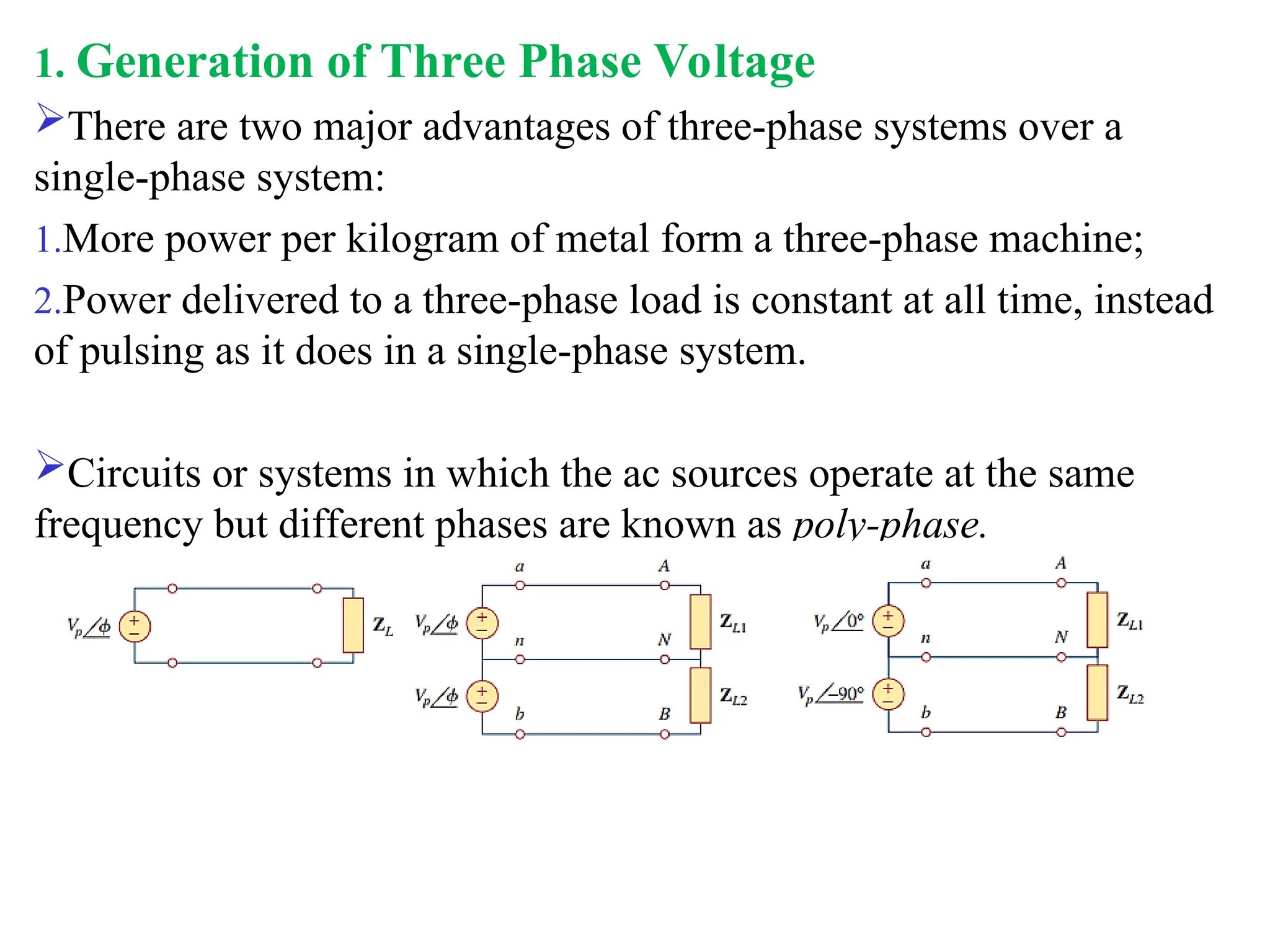 1. Generation of Three Phase Voltage
There are two major advantages of three-phase systems over a
single-phase system:
1.More power per kilogram of metal form a three-phase machine;
2.Power delivered to a three-phase load is constant at all time, instead
of pulsing as it does in a single-phase system.
Circuits or systems in which the ac sources operate at the same
frequency but different phases are known as poly-phase.
 