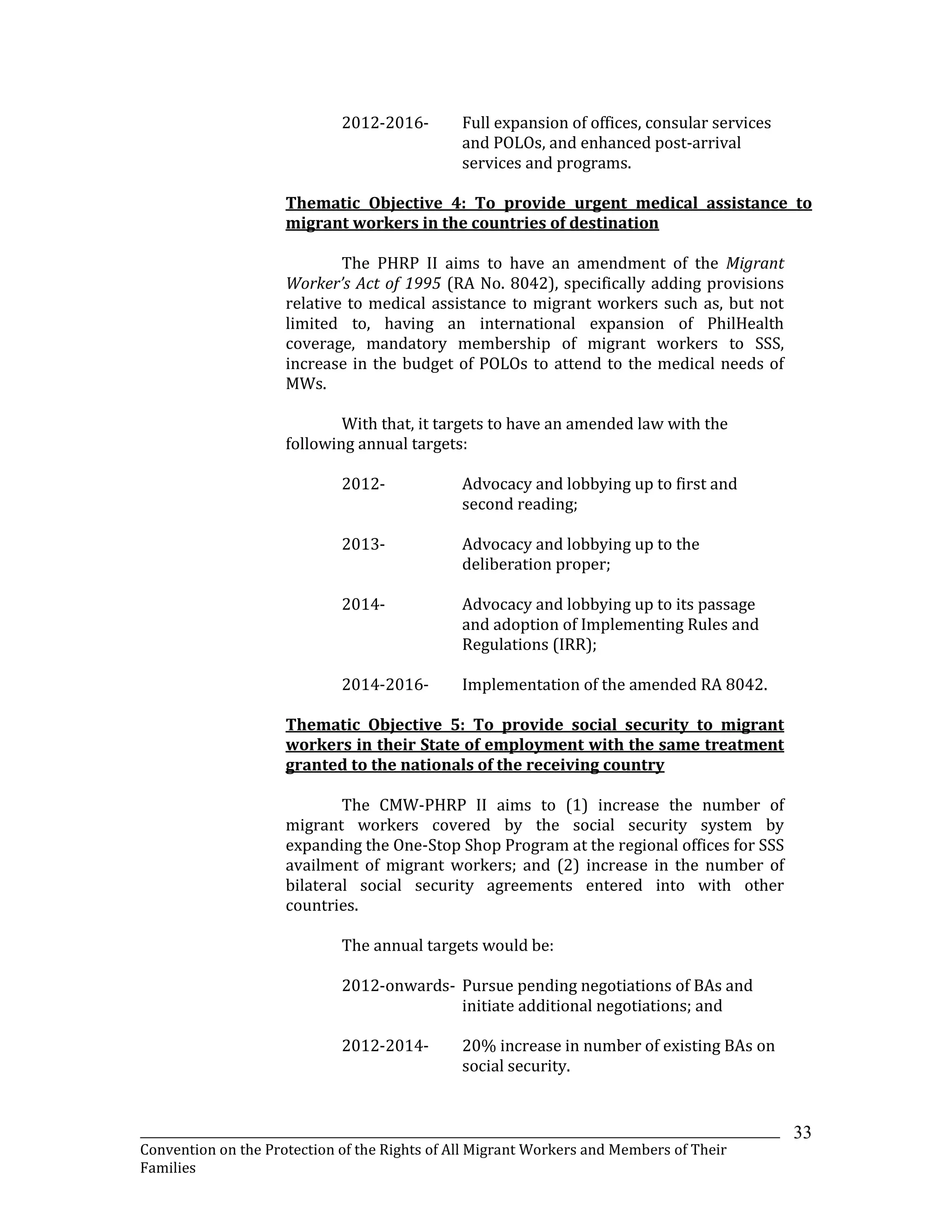 _______________________________________________________________________________________________________________
Convention on the Protection of the Rights of All Migrant Workers and Members of Their
Families
33
2012-2016- Full expansion of offices, consular services
and POLOs, and enhanced post-arrival
services and programs.
Thematic Objective 4: To provide urgent medical assistance to
migrant workers in the countries of destination
The PHRP II aims to have an amendment of the Migrant
Worker’s Act of 1995 (RA No. 8042), specifically adding provisions
relative to medical assistance to migrant workers such as, but not
limited to, having an international expansion of PhilHealth
coverage, mandatory membership of migrant workers to SSS,
increase in the budget of POLOs to attend to the medical needs of
MWs.
With that, it targets to have an amended law with the
following annual targets:
2012- Advocacy and lobbying up to first and
second reading;
2013- Advocacy and lobbying up to the
deliberation proper;
2014- Advocacy and lobbying up to its passage
and adoption of Implementing Rules and
Regulations (IRR);
2014-2016- Implementation of the amended RA 8042.
Thematic Objective 5: To provide social security to migrant
workers in their State of employment with the same treatment
granted to the nationals of the receiving country
The CMW-PHRP II aims to (1) increase the number of
migrant workers covered by the social security system by
expanding the One-Stop Shop Program at the regional offices for SSS
availment of migrant workers; and (2) increase in the number of
bilateral social security agreements entered into with other
countries.
The annual targets would be:
2012-onwards- Pursue pending negotiations of BAs and
initiate additional negotiations; and
2012-2014- 20% increase in number of existing BAs on
social security.
 