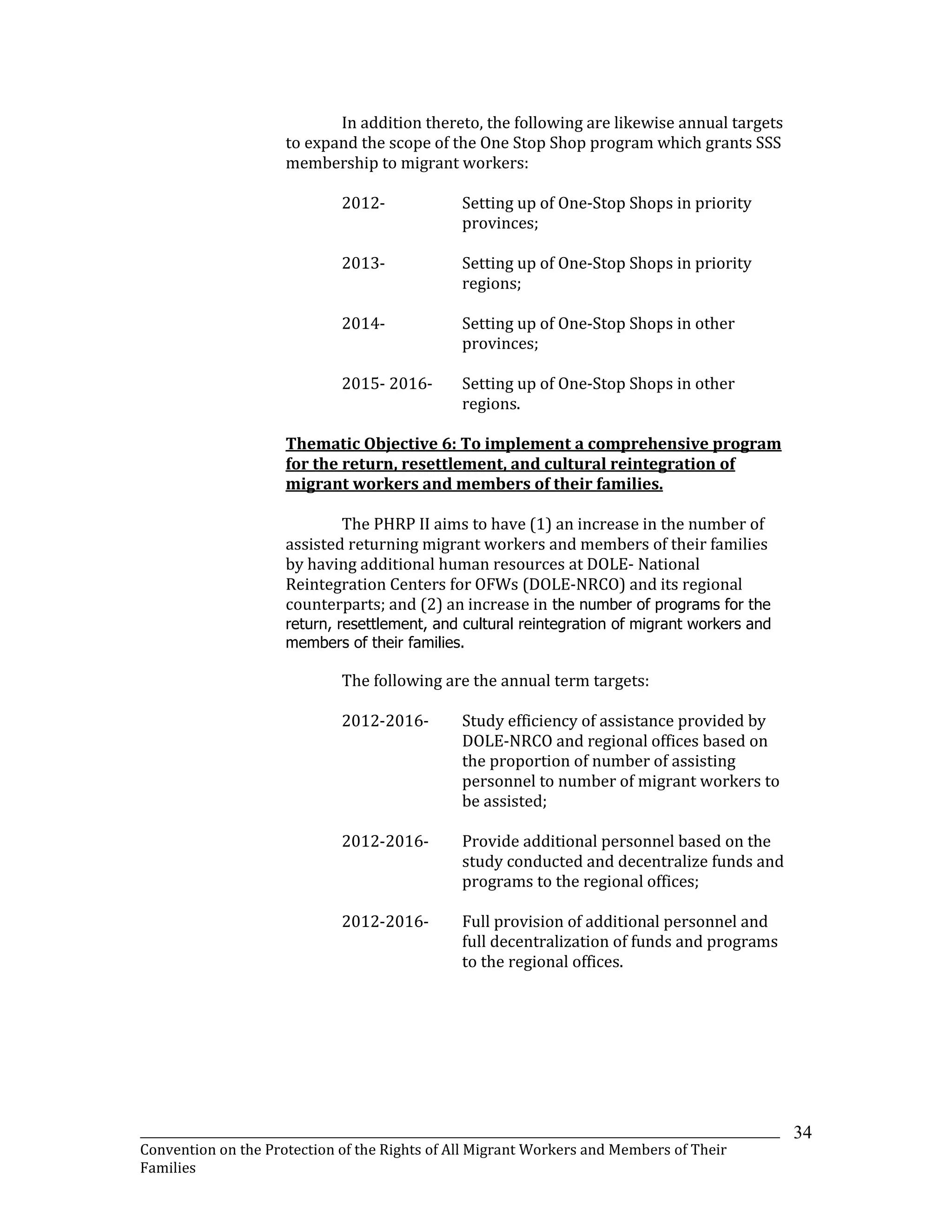 _______________________________________________________________________________________________________________
Convention on the Protection of the Rights of All Migrant Workers and Members of Their
Families
34
In addition thereto, the following are likewise annual targets
to expand the scope of the One Stop Shop program which grants SSS
membership to migrant workers:
2012- Setting up of One-Stop Shops in priority
provinces;
2013- Setting up of One-Stop Shops in priority
regions;
2014- Setting up of One-Stop Shops in other
provinces;
2015- 2016- Setting up of One-Stop Shops in other
regions.
Thematic Objective 6: To implement a comprehensive program
for the return, resettlement, and cultural reintegration of
migrant workers and members of their families.
The PHRP II aims to have (1) an increase in the number of
assisted returning migrant workers and members of their families
by having additional human resources at DOLE- National
Reintegration Centers for OFWs (DOLE-NRCO) and its regional
counterparts; and (2) an increase in the number of programs for the
return, resettlement, and cultural reintegration of migrant workers and
members of their families.
The following are the annual term targets:
2012-2016- Study efficiency of assistance provided by
DOLE-NRCO and regional offices based on
the proportion of number of assisting
personnel to number of migrant workers to
be assisted;
2012-2016- Provide additional personnel based on the
study conducted and decentralize funds and
programs to the regional offices;
2012-2016- Full provision of additional personnel and
full decentralization of funds and programs
to the regional offices.
 