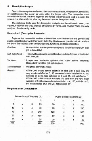 6. DescriptiveAnalysis
Descriptive analysis merely describes the characteristics, composition, structures,
or substructures that occur as:uhits within the larger units. The researcher must
consider the forces that hold together and forCes that strain and tend to destroy the
system. He also analyzes what regulates and makes the system work.
The statistical tools used for descriptive analysis are the arithmetic mean, chi-
square, Friedman two.why analysis of variance by ranks, and Kr.uskal.Wallis one-way
analysis of variance by ranks. .
lllustration 1 (Descriptive Research)
Suppose the researcher wishes to determine how satisfied are the private and
public school teachers with their job in lloilo City. He devices a questionnaire to analyze
the job of the subjects with similar positions, functions, and responsibilities.
Problem : How satisfied are.the private and public schoolteachers with their
' job in lloilo City?.
Null hypothesis : The private and public school teachers in lloilo City are not satisfied
, with their job.
Variables : lndependent variables (private and public school teachers)
Dependent variables (ob satisfaction)
Sfafistical tool : Weighted, arithmetic mean
Resu/fs : Of the 200 private school teachers in lloilo City: S said they are
very much satisfied or 5; 10 answered much satisfied or 4;70,
satisfied or 3; 80, less satisfied or 2; and 3b, not satisfied or 1.
Of the 300 public school teachers: b0 said they are verl musl.l
satisfied or 5; 60 answered much satisfied or 4;12A, satisfied o.r 3;
' 50, less satisfied or 2; and 20, not satisfied or 1.
Weighted Mean Gomputation
Private School Teachers (X.,) Public School Teachers (Xr)
x' fx
250
240
360
100
20
-
969
5
4
3
2
1
X
X
X
x
X
f
50
fx
25
40
X
X
X
X
X
t
5
10
70
80
35
5
4
3
2
1
210
160
35
60
120
50
20
300
200 470
 