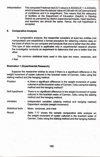 lnterpretation: uted valueis4.433343,(X,2 = .
sser ueof 5.99withdf2,at5p I
of This ntean
of Education
Di rvipor/princi
and teachers are almost the sanre. Hence, the null hlpothesis is
accepted.
9. Comparative Analysis
ln comparative'analysls, the researcher considers at least tvro entities (not
manipulated) and establishes a furmal,proedure for obtaining criGrion data on
thq basis of which he can compare and mnclude that one is better than the other.
This type of data analysis is applicable only in expqrinental research wherein
the investigator conducts an experiment to'#eiminethat one is befter than the
other.
The common statisfical tools used in this.typq
"r"
r""n, variances, and
t-Test. : .
lllustrbtion I (Experimental Researeh)
Suppose the researcher wishes to study if there is a significant:difference in the
weight incrernent of oyster cultured in the brackish water of Carmen, Cebu using the
staking method and the hanging method.
Problem : ls there a significant difference in lhe weight,increment,of oyster
cultured in at tlre brackish.wabr of Garmen, Cebu using the staking
method and the hangihg method?
Null hypothesrs : There is no significant difference'in the weight increment of oyster
ctdtured in the brad<ish waterof Carmen, Cebu using,the staking
method and the hanging method.
: les (stakilrg method and hanging rnethod)
(weight increment)
Sfafi,stical fools : Me?h, variances, and t-test
Resu/f : Table 7.17 shors the sample conparative data analysis on
the weight increment of oysfier cultured in the brackish water of
Carmen, Cebu using the staking method and the hanging method.
Variables
180
 