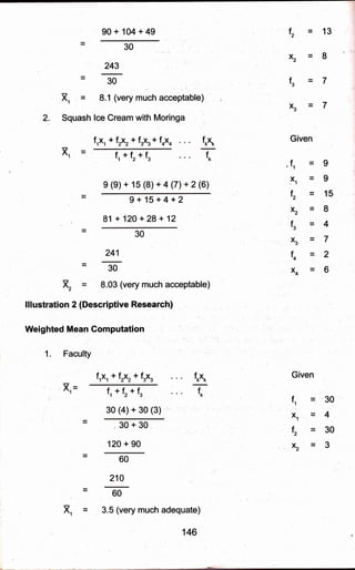 90+ 104 +49
30
243
30
8.1 (very much acceptable)
lce Cream with Moringa
f,,X, + trxr+ f.X, + foXo . .
fn *fz*fs
t2
x2
fi
= 13
=8
=7
=7
x.=
Squash
x,=
x3
2
f*X* Given
fk
e (e) + 15 (8) + 4 (7) + 2 (6)
9 + 15 + 4 + 2
81 + 120+28+12
30
241
30
X, = 8.03 (very much acceptable)
lllustration 2 (Descriptive Research)
Weighted Mean Gomputation
:
1. Faculty ' :' '
frX, *trxr+frX. f*"*
X,= fl *fz+f
30 (4) + 30 (3)
,30+30
120 + 90
60
210
60
3.5 (very much adequate)
"f1
xl
f2
x2
f3
x3
f4
x4 =6
=9
=9
= 15
=8
=4
=7
=2
Given
f1
x1
t2
x2
=30
=4
=30
=3
Xl=
146
 
