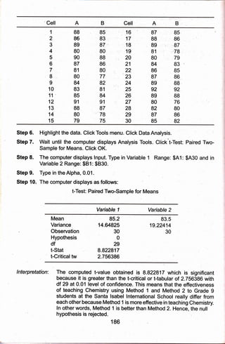 Cell Gell A
1
2
3
4
5
6
7
.8
9
10
11
12
13
14
15
88
85
89
80
90
87
81
80
84
83
85
91
88
80
79
85.'
83,
87,
80
88
86
80
77
82
81
84
91
87
'79
75
16
17
18
19
20
21
22
'"23
24
25
26
27
28
29
30
87
B8
89
81
80
84
86
87
89
92
89
80
82
87
85
85
86
' ,'87 :
:'78,
,79
83
85
86
8q
9i2
88
76
80
86
,82
Step 6.
Step 7.
Step 8.
Step 9.
Step 10.
Highlight the data, Click Tools menu. Click Data Analysis.
Wait until the.computer displays Analysis Tools: Ciick't-Test: Paired Two-
Sample for Means. Click OK.
The computer displays lnput. Type in Variabl€ 1 Range: $A1: $A30 and in
Variable 2 Range: $B1: $B30.
Type in the Alpha, 0.01.
The computer displays as follows:
t-Test: Paired Two-Sample for Means
Variable 1 Variable 2
Mean
Variance
Observation
Hypothesis
df
t-Stat
t-Critical tw
85.2
14.64825
30
0
29
8.822917
2.756396
83.5
19.22414
30
lnterpretation'. The computed t-value obtained is 8.822817 which is significant
because. it is greater than the t-cr:itical or ttabular of 2.756386 with
dt 29 at 0.01 level of confidence, This means that the effectiveness
of teaching Chemistry.using,Jl4slhod 1 and Method 2 to Grade g
students at the Santa lsabel lnternational School really differ fiom
each other because Methqd 1 is more effective in teaching Chemistry
ln other words, Method 1 is better than Method 2. Hence, the null
hypothesis is rejected.
186
+,-
 