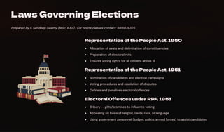 Laws Governing Elections
Prepared by K Sandeep Swamy (MSc, B.Ed) | For online classes contact: 9491878325
Representation of the People Act, 1950
Allocation of seats and delimitation of constituencies
Preparation of electoral rolls
Ensures voting rights for all citizens above 18
Representation of the People Act, 1951
Nomination of candidates and election campaigns
Voting procedures and resolution of disputes
Defines and penalises electoral offences
Electoral Offences under RPA 1951
Bribery — gifts/promises to influence voting
Appealing on basis of religion, caste, race, or language
Using government personnel (judges, police, armed forces) to assist candidates
 