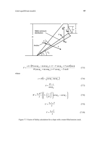 Limit equilibrium models                                                                      97




                    (                                                      )
               cA + W (cos ψ p − α sin ψ p ) − U − V sin ψ p + T cos θ tan φ
          F=                                                                              (7.5)
                        W (sin ψ p + αconψ p ) + V cos ψ p − T sin θ

where

                                      (
                              z = H 1 − cot ψ f tan ψ p     )                             (7.6)

                                                H −z
                                          A=                                              (7.7)
                                               sin ψ p


                             γr H 2     z 2                       
                        W=             1 −    cot ψ − cot ψ                         (7.8)
                                2       H          p        f     
                                                                    

                                               γ w zw A
                                          U=                                              (7.9)
                                                   2

                                                γ w zw
                                                     2
                                          V=                                             (7.10)
                                                   2

    Figure 7.7: Factor of Safety calculation for a slope with a water-filled tension crack.
 