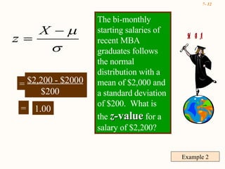 Example 2 = $2,200 - $2000 $200 = 1.00 The bi-monthly starting salaries of recent MBA graduates follows the normal distribution with a mean of $2,000 and a standard deviation of $200.  What is the  z- value  for a salary of $2,200?  