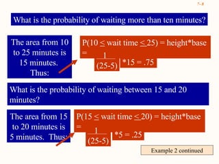 Example 2 continued What is the probability of waiting more than ten minutes? The area from 10 to 25 minutes is 15 minutes.  Thus: P(10  <  wait time  <  25) = height*base  =  1 (25-5) *15 = .75 What is the probability of waiting between 15 and 20 minutes? The area from 15 to 20 minutes is 5 minutes.  Thus: P(15  <  wait time  <  20) = height*base  =  1 (25-5) *5 = .25 