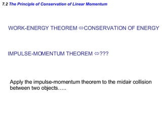 7.2  The Principle of Conservation of Linear Momentum WORK-ENERGY THEOREM   CONSERVATION OF ENERGY IMPULSE-MOMENTUM THEOR...