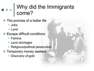 Why did the Immigrants come? The promise of a better life Jobs Land Escape difficult conditions Famine Land shortages Religious/political persecution Temporary money seekers Discovery of gold 