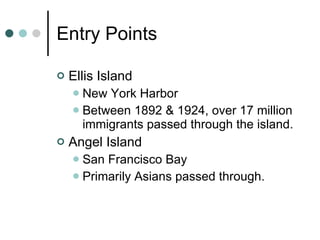 Entry Points Ellis Island New York Harbor Between 1892 & 1924, over 17 million immigrants passed through the island. Angel Island San Francisco Bay Primarily Asians passed through. 