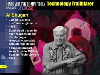 Technology Trailblazer Al Shugart Joined IBM as a customer engineer in 1951 Supervised a team in 1967 responsible for developing a removable, portable data storage device Founded Shugart Associates in 1973 and Seagate Technology in 1979 p. 7.7 Click to view Web Link then click Al Shugart Next 