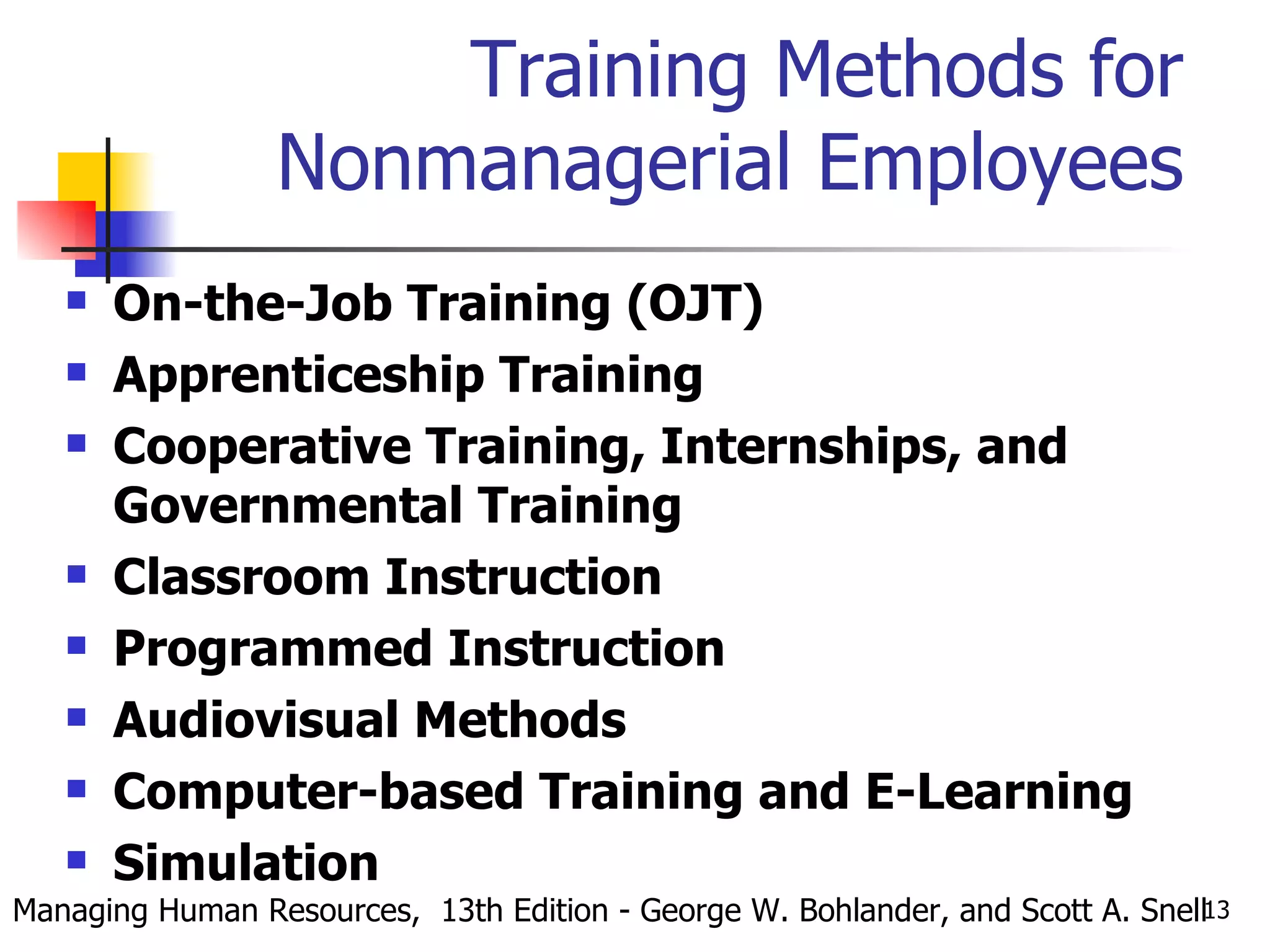 Training Methods for Nonmanagerial Employees On-the-Job Training (OJT) Apprenticeship Training Cooperative Training, Internships, and Governmental Training Classroom Instruction Programmed Instruction Audiovisual Methods Computer-based Training and E-Learning Simulation Managing Human Resources,  13th Edition - George W. Bohlander, and Scott A. Snell 