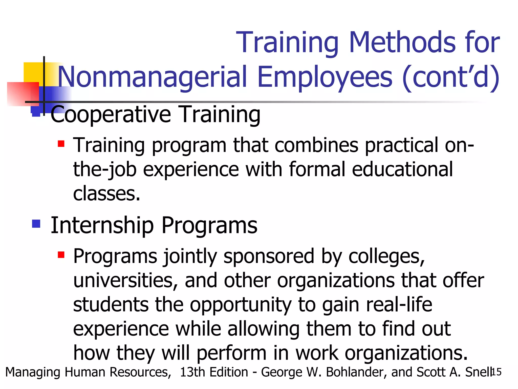Training Methods for Nonmanagerial Employees (cont’d) Cooperative Training Training program that combines practical on-the-job experience with formal educational classes. Internship Programs Programs jointly sponsored by colleges, universities, and other organizations that offer students the opportunity to gain real-life experience while allowing them to find out how they will perform in work organizations. Managing Human Resources,  13th Edition - George W. Bohlander, and Scott A. Snell 