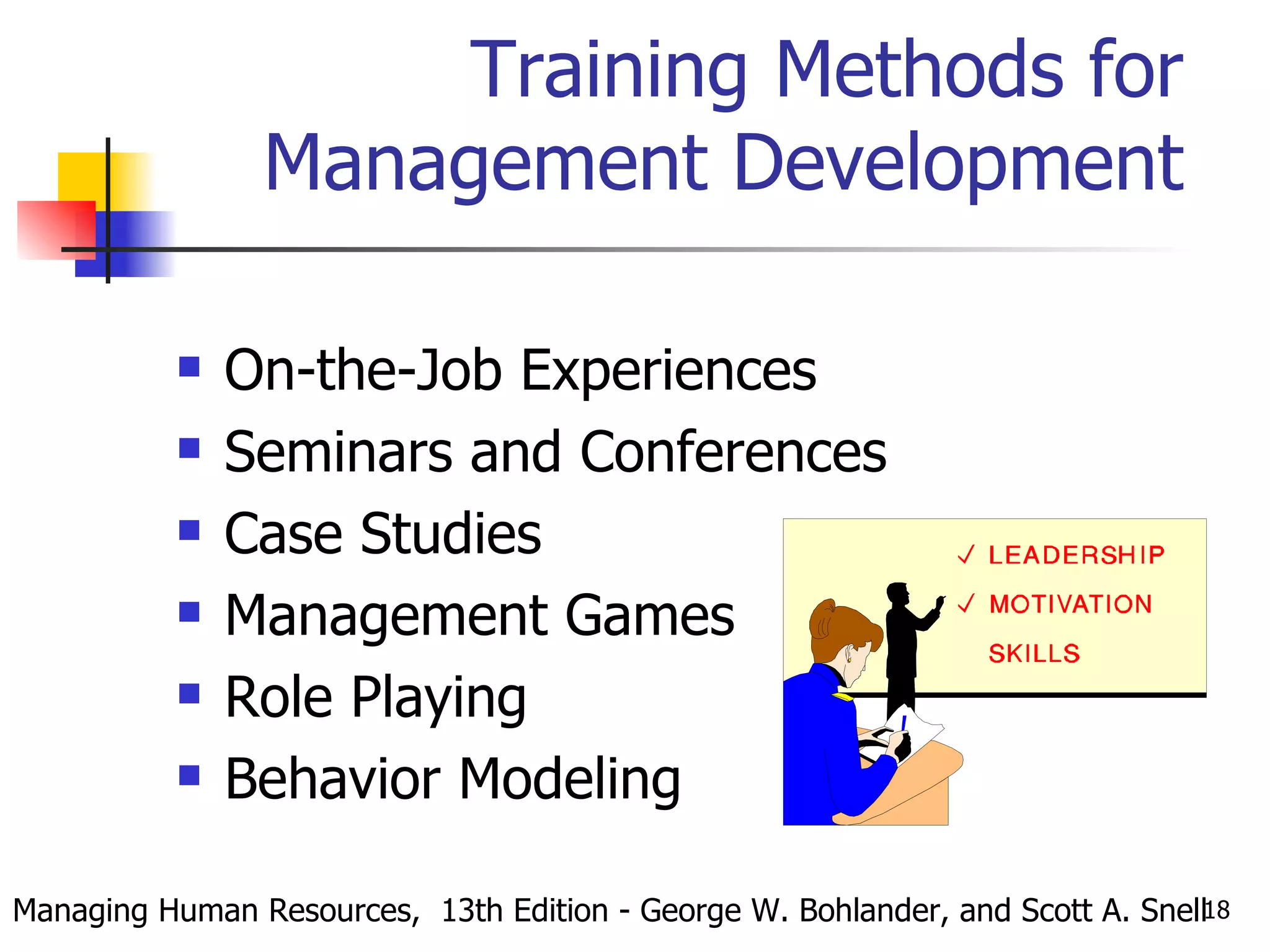 Training Methods for Management Development On-the-Job Experiences Seminars and Conferences Case Studies Management Games Role Playing Behavior Modeling Managing Human Resources,  13th Edition - George W. Bohlander, and Scott A. Snell 
