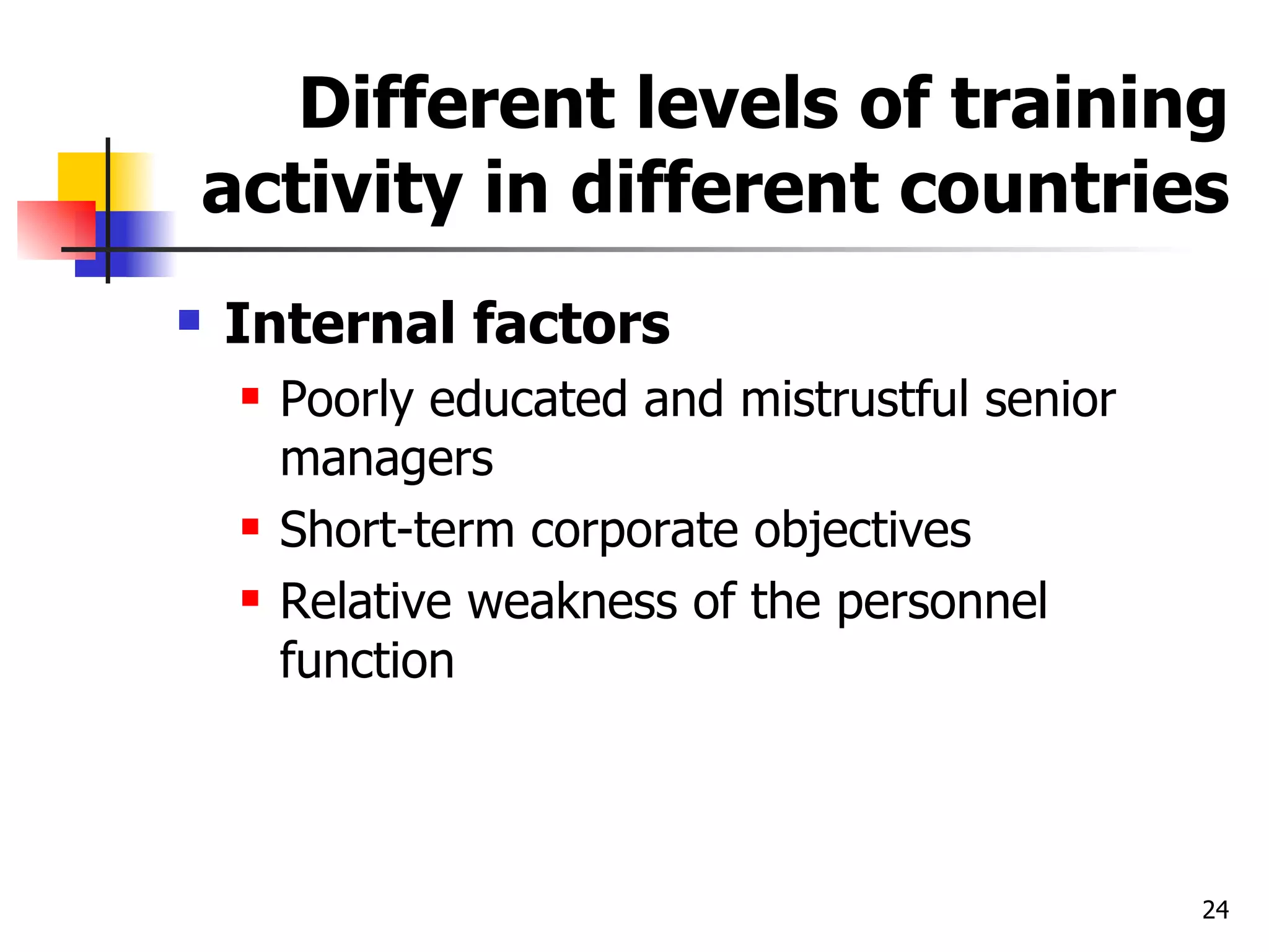 Different levels of training activity in different countries Internal factors Poorly educated and mistrustful senior managers Short-term corporate objectives Relative weakness of the personnel function 