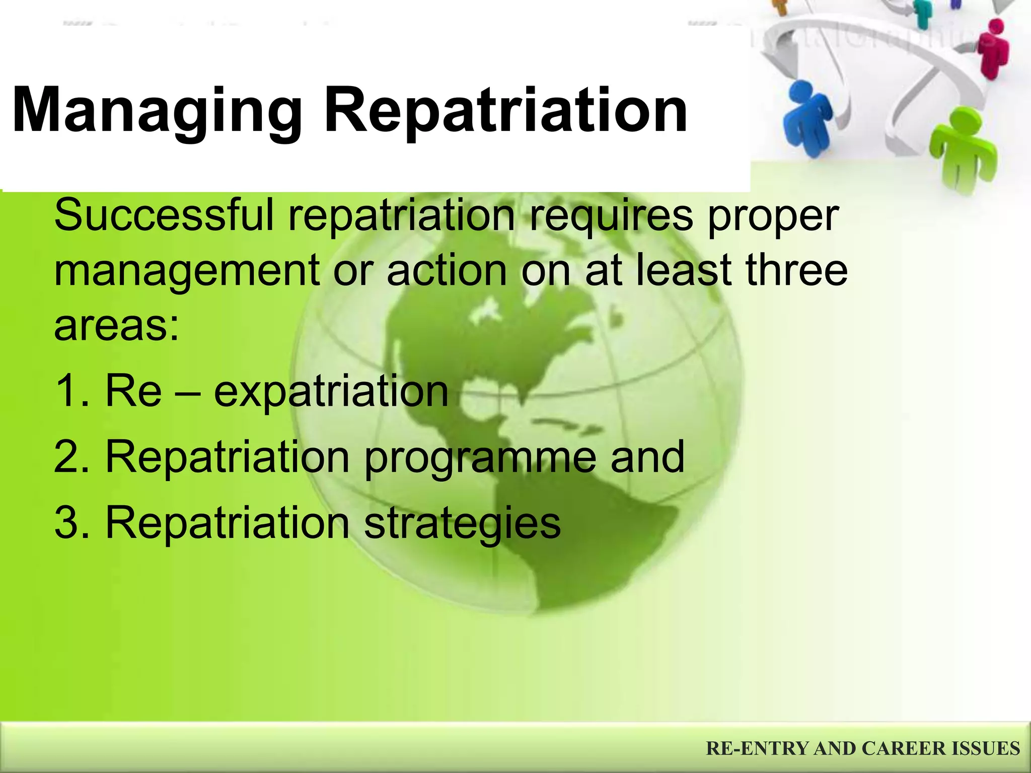 Managing Repatriation
RE-ENTRY AND CAREER ISSUES
Successful repatriation requires proper
management or action on at least three
areas:
1. Re – expatriation
2. Repatriation programme and
3. Repatriation strategies
 