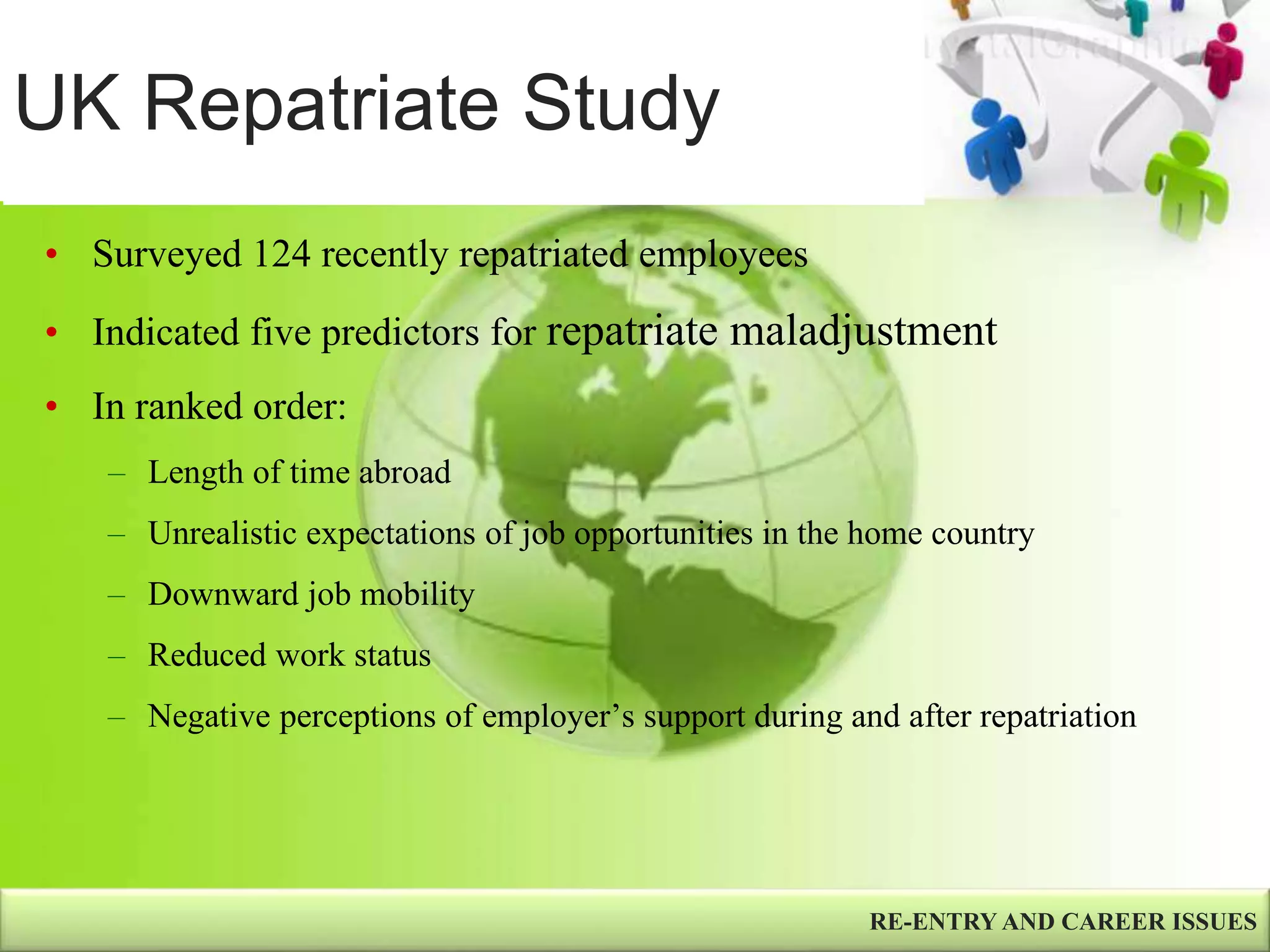 UK Repatriate Study
RE-ENTRY AND CAREER ISSUES
• Surveyed 124 recently repatriated employees
• Indicated five predictors for repatriate maladjustment
• In ranked order:
– Length of time abroad
– Unrealistic expectations of job opportunities in the home country
– Downward job mobility
– Reduced work status
– Negative perceptions of employer’s support during and after repatriation
 