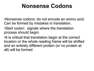 Nonsense Codons Nonsense codons: do not encode an amino acid. Can be formed by mistakes in translation. Start codon:  signals where the translation process should begin. It is critical that translation begin at the correct location or the whole reading frame will be shifted and an entirely different protein (or no protein at all) will be formed 