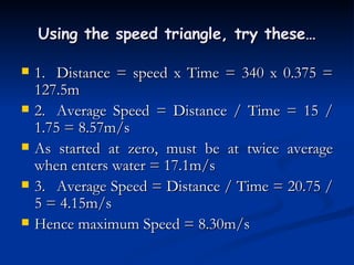 Using the speed triangle, try these… 1. Distance = speed x Time = 340 x 0.375 = 127.5m 2. Average Speed = Distance / Time = 15 / 1.75 = 8.57m/s As started at zero, must be at twice average when enters water = 17.1m/s 3. Average Speed = Distance / Time = 20.75 / 5 = 4.15m/s Hence maximum Speed = 8.30m/s 