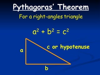Pythagoras’ Theorem For a right-angles triangle a 2  + b 2  = c 2 a b c or hypotenuse 