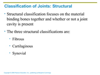 Classification of Joints: Structural Structural classification focuses on the material binding bones together and whether or not a joint cavity is present The three structural classifications are: Fibrous Cartilaginous  Synovial  