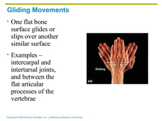 Gliding Movements One flat bone surface glides or slips over another similar surface Examples – intercarpal and intertarsal joints, and between the flat articular processes of the vertebrae 