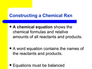 Constructing a Chemical Rxn A chemical equation  shows the chemical formulas and relative amounts of all reactants and products. A word equation contains the names of the reactants and products. Equations must be balanced . 