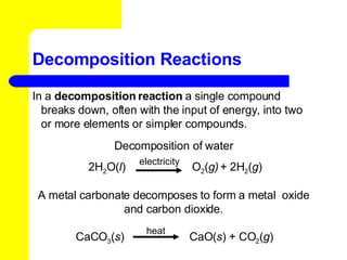 Decomposition Reactions In a  decomposition reaction  a single compound breaks down, often with the input of energy, into two or more elements or simpler compounds.   Decomposition of water electricity heat CaCO 3 ( s ) CaO( s ) + CO 2 ( g ) A metal carbonate decomposes to form a metal  oxide and carbon dioxide. 2H 2 O( l ) O 2 ( g)   + 2H 2 ( g ) 