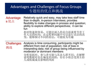 Advantages and Challenges of Focus Groups 专题组的优点和挑战 Advantages 优点 Relatively quick and easy, may take less staff time than in-depth, in-person interviews; provides flexibility to make changes in process and question; ability to explore different perspectives;  it can be fun 相对快速和容易，可能比深入的亲自面谈要节省工作人员的时间；在过程和问题中可以进行灵活的改变；能够探讨不同的看法；可能较为有趣 Challenges 挑战 Analysis is time consuming, participants might be different from rest of population; risk of bias in interpreting data; risk of group being influenced by moderator or dominant members 分析很耗时，参与者可能与其余人群不同；在解释说明数据时存在偏见的风险；存在小组会受到主持人或权威成员影响的风险 