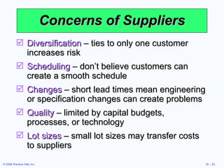 Concerns of Suppliers Diversification  – ties to only one customer increases risk Scheduling  – don’t believe customers can create a smooth schedule Changes  – short lead times mean engineering or specification changes can create problems Quality  – limited by capital budgets, processes, or technology Lot sizes  – small lot sizes may transfer costs to suppliers 