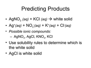 Predicting Products AgNO 3   (aq)  + KCl  (aq)     white solid Ag + (aq)  + NO 3 - (aq)  + K + (aq)  + Cl - (aq) Possible ionic compounds: AgNO 3 , AgCl, KNO 3 , KCl Use solubility rules to determine which is the white solid AgCl is white solid 