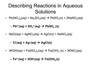 Describing Reactions in Aqueous Solutions Pb(NO 3 ) 2 (aq)  + Na 2 SO 4 (aq)     PbSO 4 (s)  + 2NaNO 3 (aq) Pb 2+ (aq) +  SO 4 2- (aq)     PbSO 4  (s)   NaCl (aq)  + AgNO 3 (aq)     AgCl (s)  + NaNO 3 (aq)   Cl - (aq)  + Ag + (aq)     AgCl (s)   3KOH (aq)  + Fe(NO 3 ) 3 (aq)     Fe(OH) 3  (s) + 3KNO 3 (aq) Fe 3+ (aq)  + 3OH - (aq)     Fe(OH) 3 (s)  