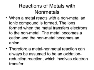 Reactions of Metals with Nonmetals When a metal reacts with a non-metal an ionic compound is formed. The ions formed when the metal transfers electrons to the non-metal. The metal becomes a cation and the non-metal becomes an anion Therefore a metal-nonmetal reaction can always be assumed to be an oxidation-reduction reaction, which involves electron transfer 