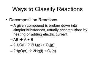 Ways to Classify Reactions Decomposition Reactions A given compound is broken down into simpler substances, usually accomplished by heating or adding electric current AB    A + B  2H 2 O(l)    2H 2 (g) + O 2 (g)  2HgO(s)    2Hg(l) + O 2 (g)  