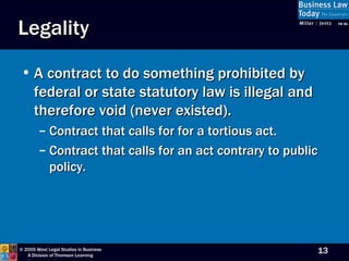 Legality A contract to do something prohibited by federal or state statutory law is illegal and therefore void (never existed). Contract that calls for for a tortious act. Contract that calls for an act contrary to public policy.  