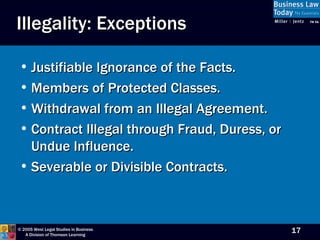 Illegality: Exceptions Justifiable Ignorance of the Facts. Members of Protected Classes. Withdrawal from an Illegal Agreement. Contract Illegal through Fraud, Duress, or Undue Influence. Severable or Divisible Contracts. 