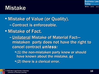 Mistake Mistake of Value (or Quality). Contract is enforceable. Mistake of Fact. Unilateral  Mistake of Material Fact—mistaken  party does not have the right to cancel contract  unless: (1) the non-mistaken party knew or should have known about the mistake,  or   (2) there is a clerical error. 