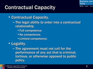 Contractual Capacity Contractual Capacity. The legal ability to enter into a contractual relationship. Full competence. No competence. Limited competence. Legality. The agreement must not call for the performance of any act that is criminal, tortious, or otherwise opposed to public policy. 