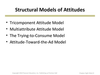 Structural Models of Attitudes
• Tricomponent Attitude Model
• Multiattribute Attitude Model
• The Trying-to-Consume Model
• Attitude-Toward-the-Ad Model
Copyright 2010 Pearson Education, Inc. Publishing as Prentice Hall 15Chapter Eight Slide
 