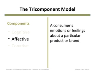 The Tricomponent Model
• Cognitive
• Affective
• Conative
A consumer’s
emotions or feelings
about a particular
product or brand
Components
18Copyright 2010 Pearson Education, Inc. Publishing as Prentice Hall Chapter Eight Slide
 